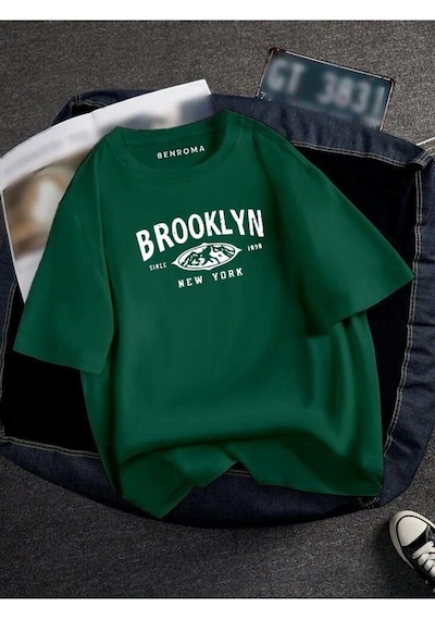 Oversıze Brooklyn Baskılı Unısex Tisort Baskılı Yeşil