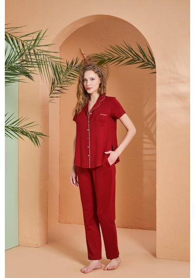 Pjs 27069 Dreaming Kadın Gold Detaylı Boydan Düğmeli Kısa Kollu Pijama Takım bordo