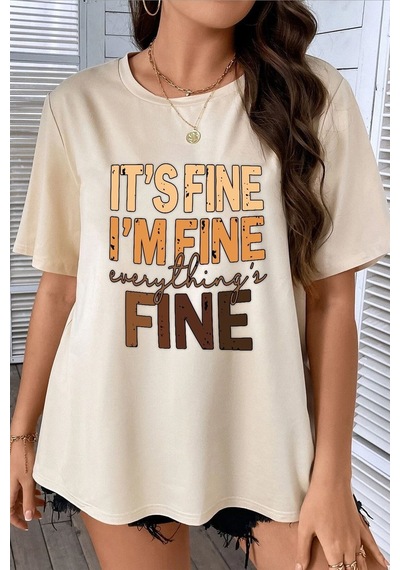 Unisex Fine Baskılı T-shirt Bej