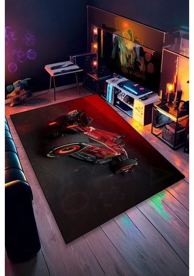 Formula 1 Kırmızı Yarış Arabası Halı Kaymaz Taban Yıkanabilir Modern Salon Halısı F1.1