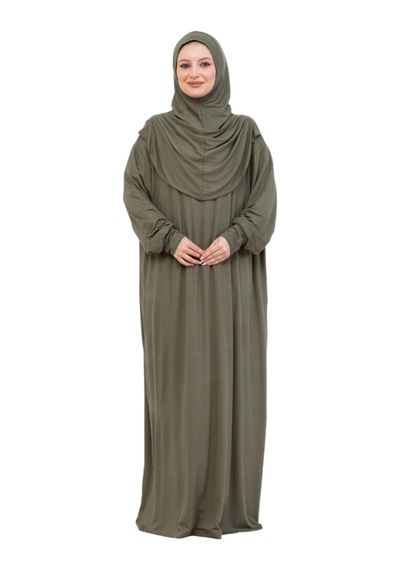 Modish Group Tek Parça Namaz Elbisesi Seti, Viskon Yumuşak Tesettür Abaya, Rahat Hazır Şal Başörtüsü Takım Haki