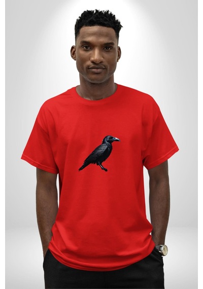Siyah Karga Pamuklu Bisiklet Yaka Unisex Oversize Boyfriend Dijital Baskılı Kırmızı T-shirt Kırmızı