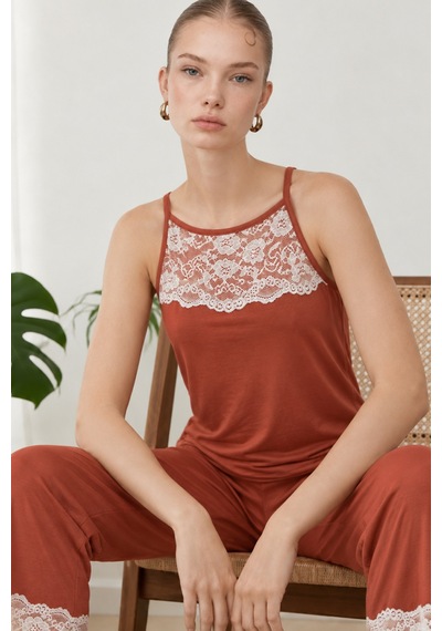 Kadın Dantelli Relaxed Kırmızı Pijama Takımı 4743