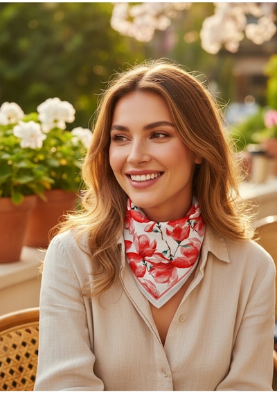 Enerjik Kırmızı Çiçek Desen 70 70cm Bandana/fular Çok Renkli