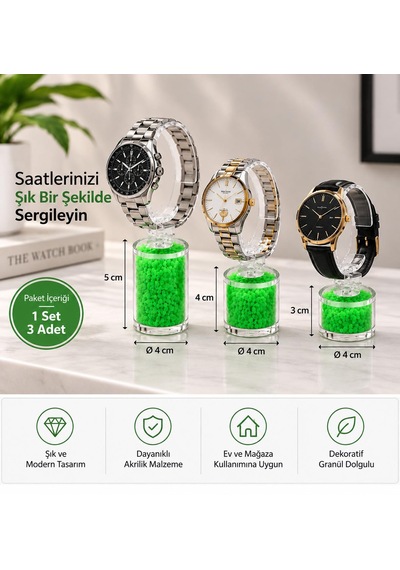 Saat Standı 3'lü Set Taşlı Model Yeşil Pleksi