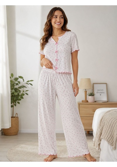 Kadın Kurdele Detaylı Desenli Kısa Kollu Pijama Takım Abeyaz