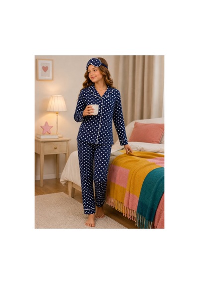 Free Beka Lacivert Puantiye Desenli Uzun Kollu Önden Düğmeli Gömlek Yaka Kız Çocuk Pijama Takımı Ve Göz Bandı