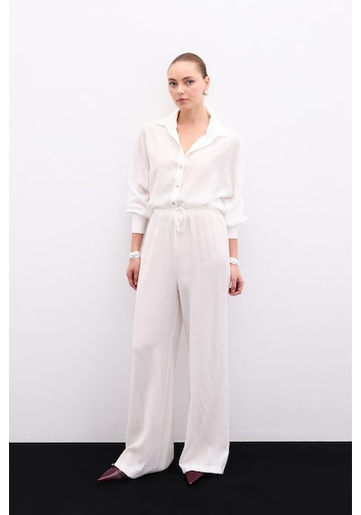 Sateen Bel Lastikli Pantolon - Ekru-136115 Ekru