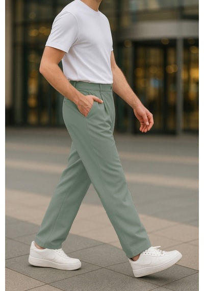 Cedy Denim Yüksek Kalite Erkek Yüksek Bel Pileli Baggy Chino Pantolon C358 Yeşil