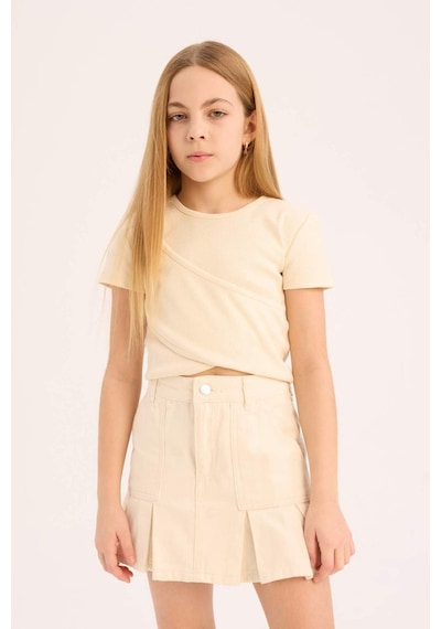 DeFacto Kız Çocuk Slim Fit Dar Kesim Bisiklet Yaka Kısa Kollu Tişört D9269A825SMER83 Ekru