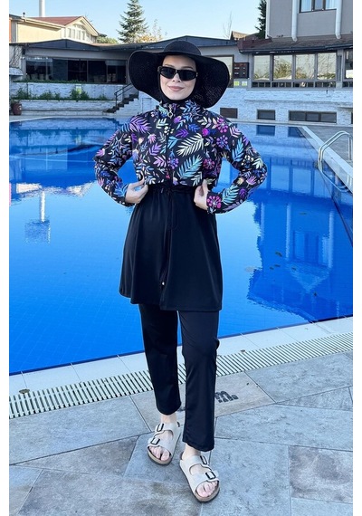 Hmm Swimwear Tam Kapalı Dokuma Tesettür Mayo T244-249 Siyah