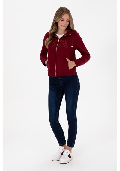 U.S. Polo Assn. Kadın Bordo Fermuarlı Kapüşonlu Basic Sweatshirt 50307769-VR014