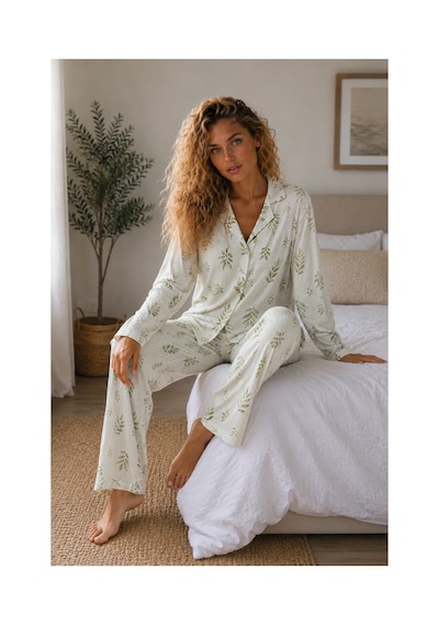 Fit Women Kadın Örme Gömlek Yaka Çağla Yeşili Pijama Takımı