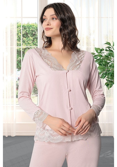 9620 Kadın Çeyizlik Dantelli Penye 6'lı Set -pudra Pudra