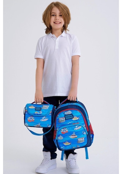 Coral High Kids Lacivert Mavi Gemi Desenli 3'lü Okul Çanta Seti Set0114416