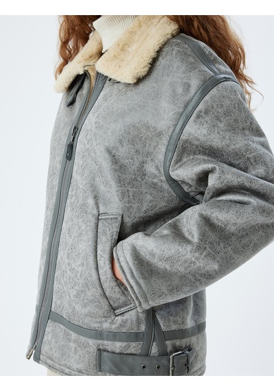 Koton Oversize Suni Deri Ceket Klasik Peluş Yaka Fermuarlı Cep Detaylı Gri 5wal20105ıw Gri