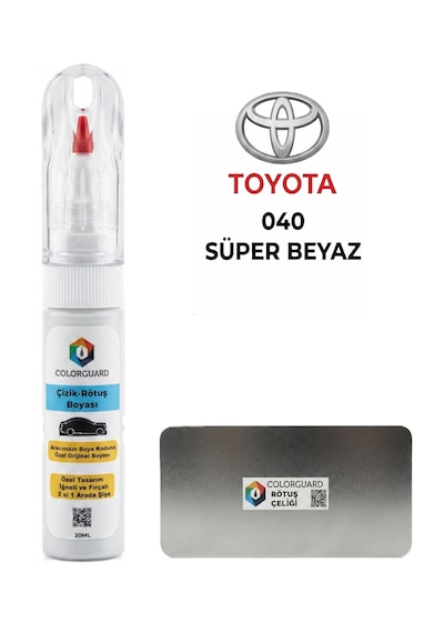 Toyota 040 Süper Beyaz İğneli Ve Fırçalı Özel Tasarım Şişe Rötuş Boyası Ve Profesyonel Rötuş Çeliği Seti