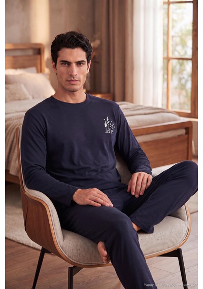 Buratti Yumuşak Dokulu Minimal Nakışlı Uzun Kollu Pijama Takımı Erkek Pijama Takımı 6575009 Lacivert