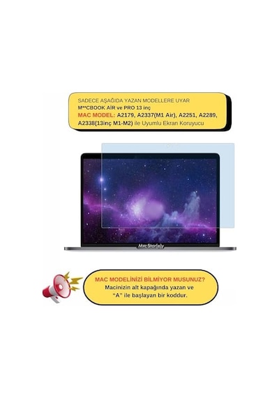 Macbook Air M1 Ve Macbook Pro M1-m2 13 İnç Uyumlu Şeffaf Anti Blueray Ekran Koruyucu Göz Yormayan Touch Bar Touch Id Şeffaf
