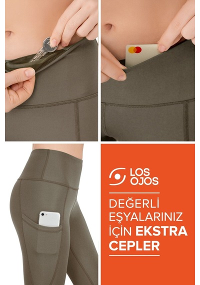 Los Ojos Kadın Koyu Haki Yüksek Bel Çift Cepli Toparlayıcı Spor Tayt Haki Haki