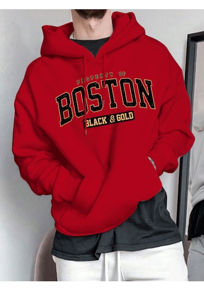 Uyguntarz Unisex Boston Baskılı Oversize Sweatshirt Kırmızı