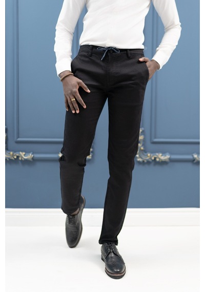 Perpant Slimfit Beli İplikli Pamuklu Gabardin Kışlık Jogger Pantolon Siyah