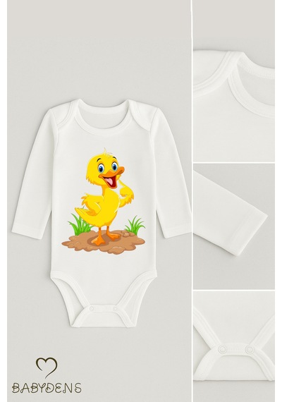 Babyden's Sevimli Hayvan Figürlü %100 Pamuk Uzun Kollu Çıtçıtlı Bebek Body Ördek Beyaz