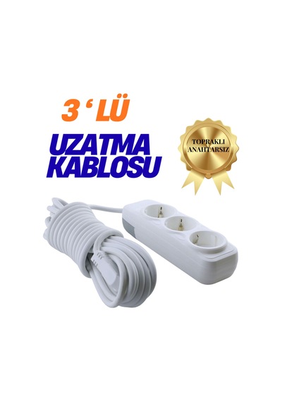 Klc 3'lü Grup Priz 10 Metre Topraklı Çocuk Korumalı Uzatma Kablosu Seyyar Kablo 3lü Priz 3lü 10m Beyaz 8 - 10 M