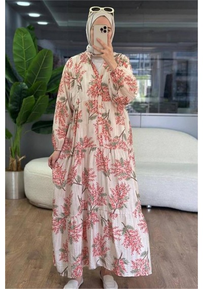 Neşeli Butik Kadın Pembe Hakim Yaka Düğmeli Viskon Çiçek Desenli Tesettür Elbise Nms099
