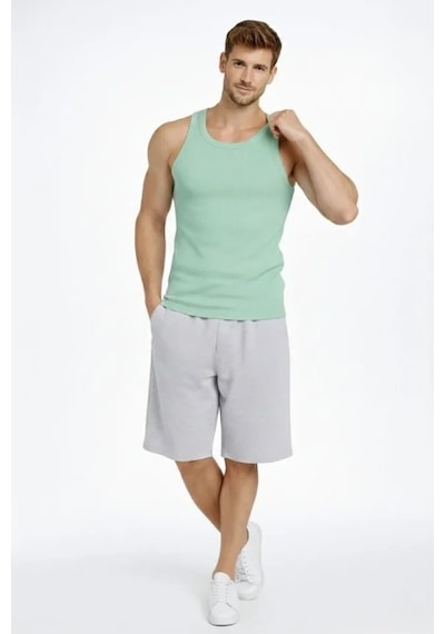 Vexor Erkek Fitilli Atlet Sıfır Yaka Slim Fit Arka Baskılı Spor Atlet - Mint Yeşili
