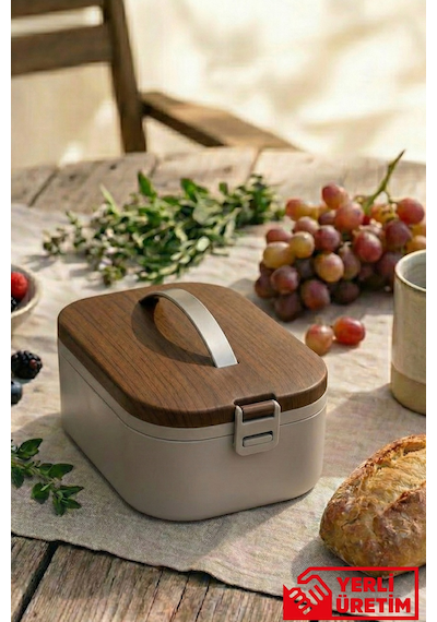 Lunchee - Çelik Bölmeli Sızdırmaz Ahşap Görünümlü Vakum Kapaklı Yemek Kabı Lunchbox 650 Ml Gri