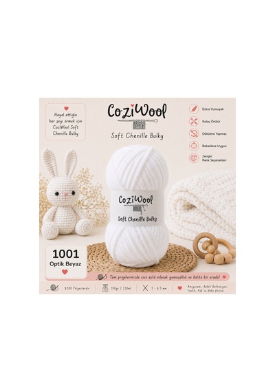 Kadife İp Soft Chenille Bulky 5'li Paket 5x100 Gr 120 Mt El Örgü İpi Beyaz - 875823131