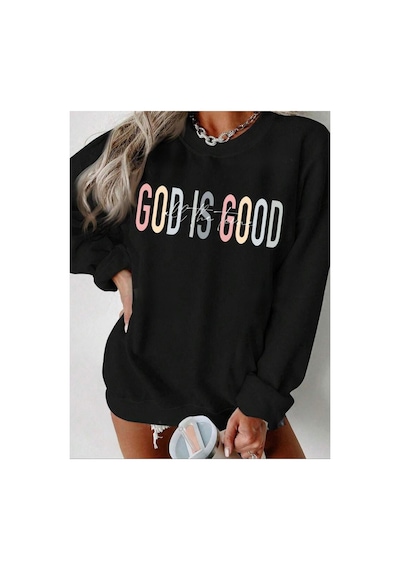 Medinenur Good İs Good Baskılı 2 İplik Şardonlu Bisiklet Yaka Swatshirt Siyah