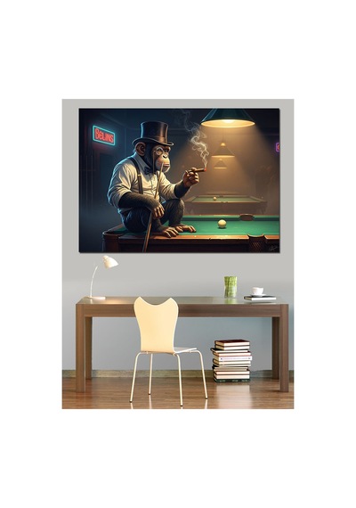 Bilardo Salonunda Sigara İçen Maymun Yağlı Boya Dokulu Kanvas Tablo Canvas Tablosu