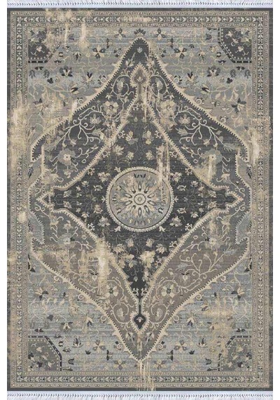 Gri Klasik Göbekli Dokuma Pamuk Taban Kaymaz Kilim Klm256n11