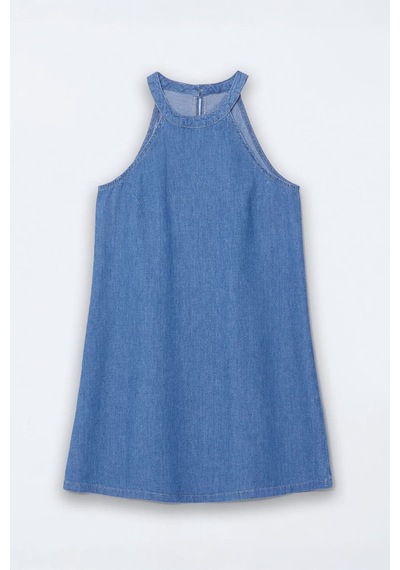 Blue White Kadın Halter Yaka Düz A Kesim Jean Elbise Mavi