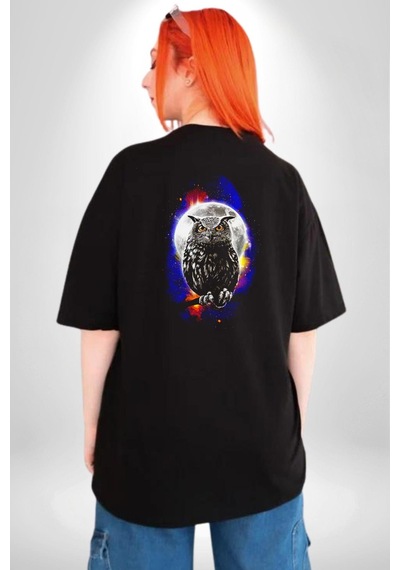 Baykuş Ay Gece Uğur Pamuklu Unisex Oversize Sırt Dijital Baskılı Siyah T-shirt Siyah