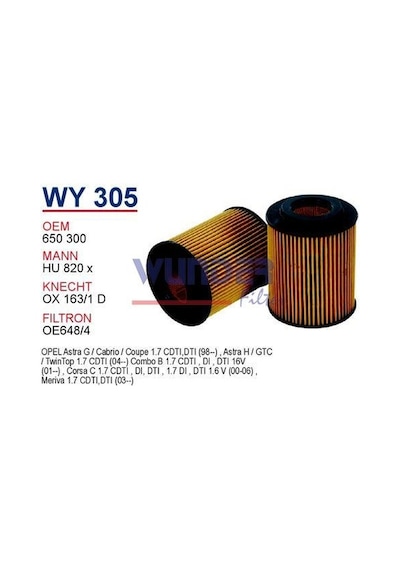 WUNDER WY305 YAĞ FİLTRESİ - OPEL ASTRA G 1.7DTI - CORSA C 1.7DTI