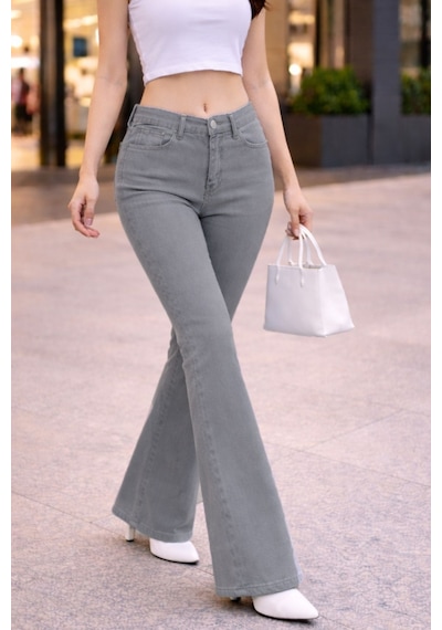 Cedy Denım Yüksek Kalite Kadın 5 Cep Düşük Bel İspanyol Paça Skinnyfit Esnek Jean Pantolon C619 Taş Rengi