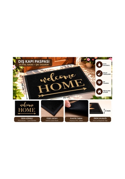 Dış Kapı Paspası 40x70 Cm Dijital Baskılı Kaymaz Pvc Plastik Tabanlı Kapı Önü Paspası Siyah2 - 937348033 Siyah2