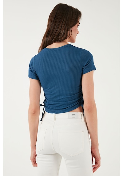 Lela Yanlardan Büzgülü Kısa Kollu Crop Bayan Bluz 5864010 Indigo