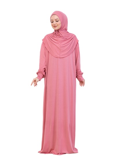 Modish Group Tek Parça Namaz Elbisesi Seti, Viskon Yumuşak Tesettür Abaya, Rahat Hazır Şal Başörtüsü Takım Gül Kurusu