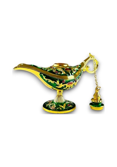 Aladdin Sihirli Lambası Renkli Işlemeli Dekoratif Biblo Alaattin Metal Çelik No:3 - 17x11 CM