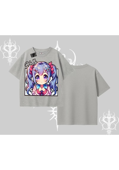 Tarzsokak Oversize Tshirt Hello Anime Kız Sevimli Karakter Baskılı Gri