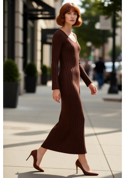 Ersefa Kadın Fashion Forward Bodycon Uzun Kollu V Yaka Maxi Triko Elbise Kahverengi