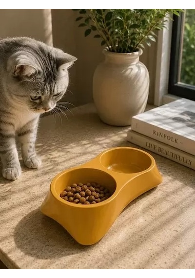 Hubrendy Sh İkili Model Beton Kedi Köpek Mama Ve Su Kabı 24cm 12cm 5cm - Bronz