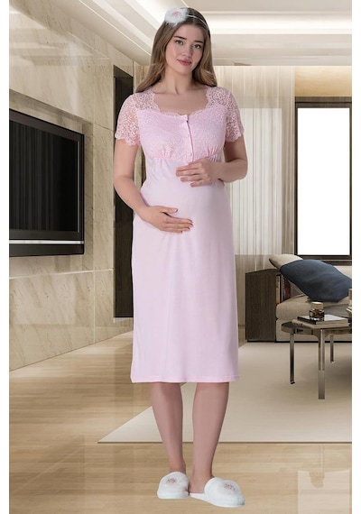 Mecit Pijama Mecit 6013 Kadın Hamile Lohusa Pembe Dantelli Kısa Kollu Gecelik 001