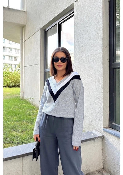 WeShaya Kadın Gri Uzun Kollu V Yaka Color Block Bluz Sweatshirt & Pamuklu Kazak Gri
