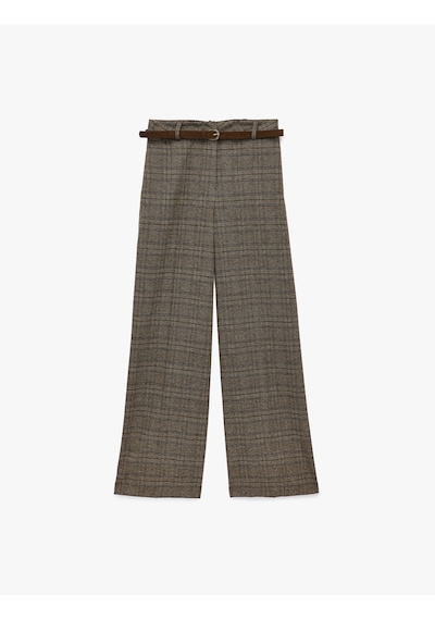Koton Viskon Karışımlı Cepli Düz Bol Paça Kemerli Ekose Pantolon Kahverengi Ekose 7wak40057pw