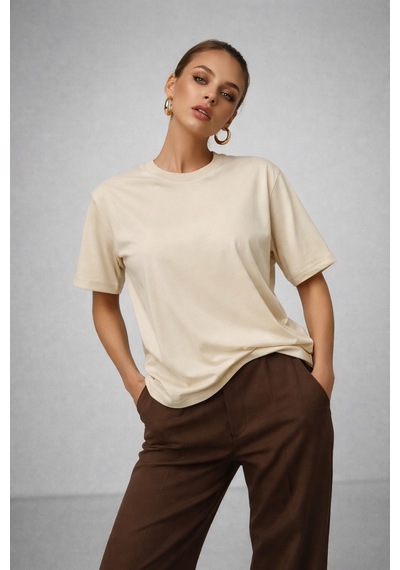 Kadın Bej %100 Pamuk Oversize Basic Tişört Rahat Kalıp Relaxed Bisiklet Yaka T-shirt Bej